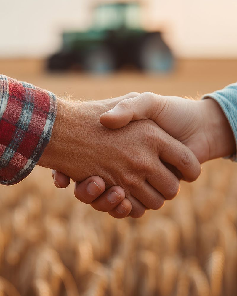 Farmers shaking hands over a golden wheat field with tractor in background, concept for agricultural partnership, rural development and grain industry agreement